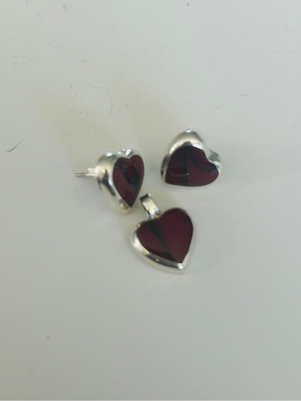 Taxco Mexico .925 Sterling Silver Heart Jewelry Set – Red Stone – Aprox  1.5 CM - Picture 5 of 10